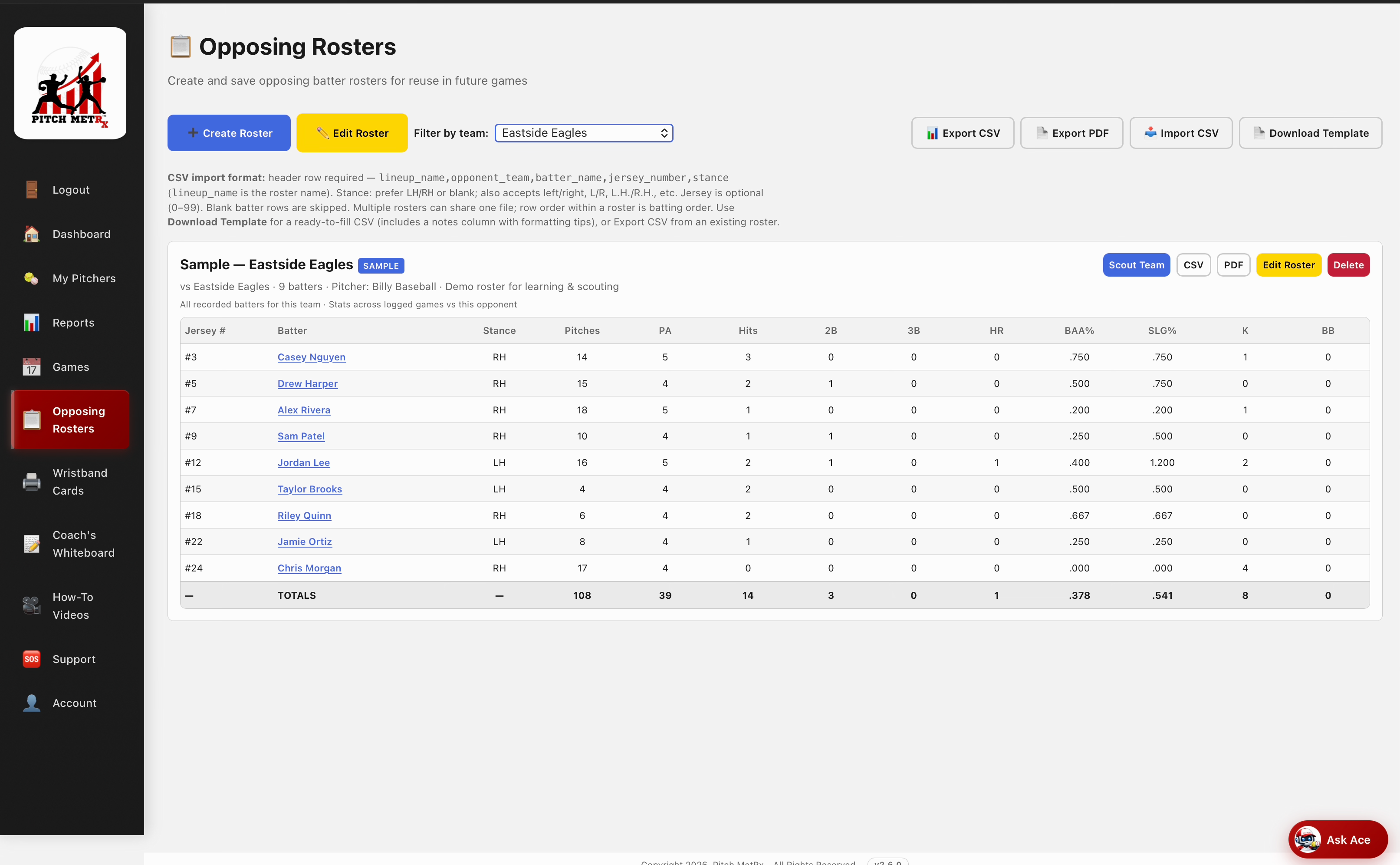 Opposing Rosters page in Pitch MetRx on a laptop, showing saved opponent batter lists